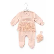 Salopeta fetita roz eleganta bumbac cu dantela si bentita set premium trpb0124