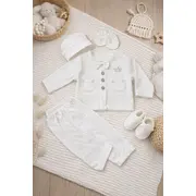 Set botez bebelus 6 piese alb elegant bumbac vesta pantaloni caciula botosei trpb0119