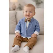 Costum elegant bebe baiat 4 piese albastru sacou camasa pantaloni si papion botez trpb0180