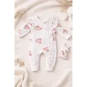 Salopeta bebe fetite cu volane bumbac set cu bentita imprimeu ursulet  trpb0126