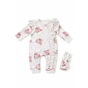 Salopeta bebe fetite cu volane bumbac set cu bentita imprimeu ursulet  trpb0126