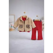 Set bebe fetita 3 piese cu jacheta teddy bluza si pantaloni rosii tinuta calduroasa iarna trpb0171