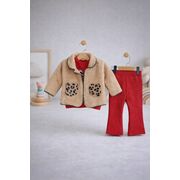 Set bebe fetita 3 piese cu jacheta teddy bluza si pantaloni rosii tinuta calduroasa iarna trpb0171