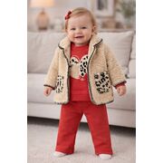 Set bebe fetita 3 piese cu jacheta teddy bluza si pantaloni rosii tinuta calduroasa iarna trpb0171