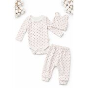 Set bebelus 3 piese body pantaloni caciula bumbac ribat cu inimioare trpb0159