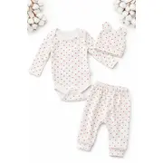 Set bebelus 3 piese body pantaloni caciula bumbac ribat cu inimioare trpb0159