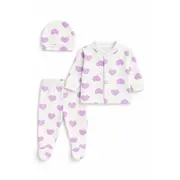 Set bebelus 3 piese bumbac inimioare lila bluza pantaloni caciula trpb0141