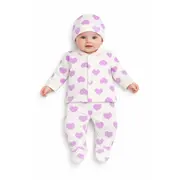 Set bebelus 3 piese bumbac inimioare lila bluza pantaloni caciula trpb0141