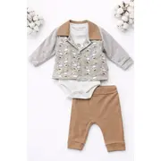 Set bebelus baietel 3 piese body sacou pantaloni bumbac elegant maro trpb0128