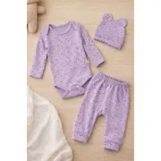 Set bebelus fetita 3 piese body pantaloni caciula bumbac ribat lila trpb0160