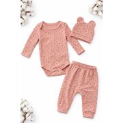 Set bebelus fetita 3 piese body pantaloni caciula bumbac ribat roz pudra trpb0161