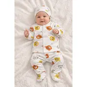 Set bebelus unisex 3 piese bumbac ribat cu animalute bluza pantaloni caciula trpb0157