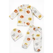 Set bebelus unisex 3 piese bumbac ribat cu animalute bluza pantaloni caciula trpb0157
