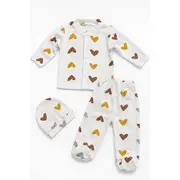 Set bebelus unisex 3 piese bumbac ribat cu inimioare bluza pantaloni caciula trpb0158