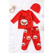 Set bebelusi 3 piese corai bumbac oita bluza pantaloni cu botosei si caciula trpb0147
