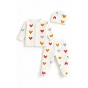 Set bebelusi 3 piese inimioare colorate bumbac bluza pantaloni cu botosei caciula trpb0145