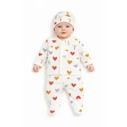 Set bebelusi 3 piese inimioare colorate bumbac bluza pantaloni cu botosei caciula trpb0145