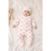 Set nou nascut 3 piese inimioare roz bumbac bluza pantaloni cu botosei caciula trpb0142