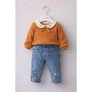 Costum tricotat missolix pentru fetite, bluza cu guler decorativ si pantaloni denim, set elegant si confortabil bkr2655-1