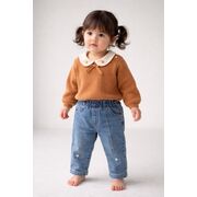 Costum tricotat missolix pentru fetite, bluza cu guler decorativ si pantaloni denim, set elegant si confortabil bkr2655-1