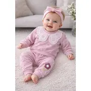 Set bebe fetita 2 piese mov bluza cu guler brodat pantaloni comozi trpb0181