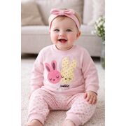 Set bebe fetita 2 piese roz cu iepurasi bluza maneca lunga pantaloni bumbac trpb0183