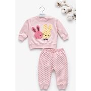 Set bebe fetita 2 piese roz cu iepurasi bluza maneca lunga pantaloni bumbac trpb0183
