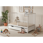 Patut Bebelusi Beatrice, Lemn Masiv, 3 Nivele Saltea, Protectie Laterala Toddler, Sertar, 120×60 cm