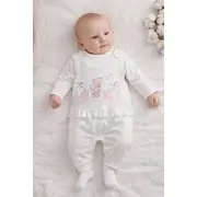 Salopeta bebe alba bumbac bluza cu maneca lunga broderie delicata si sosete trpb0185