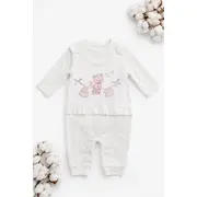 Salopeta bebe alba bumbac bluza cu maneca lunga broderie delicata si sosete trpb0185