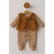 Salopeta bebe cu dungi maro si vesta pufoasa bymurat, costum calduros si confortabil pentru sezon rece bt10125-1-29