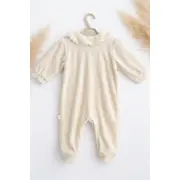 Salopeta bebe fetita crem catifea cu guler brodat maneca lunga inchidere capse trpb0187
