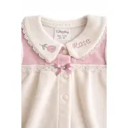 Salopeta bebe fetita crem catifea cu guler brodat maneca lunga inchidere capse trpb0187