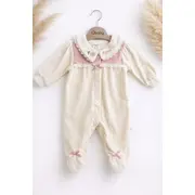 Salopeta bebe fetita crem catifea cu guler brodat maneca lunga inchidere capse trpb0187