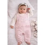 Salopeta bebe fetita roz bumbac cu bluza integrata broderie delicata inchidere capse trpb0186