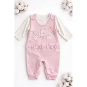 Salopeta bebe fetita roz bumbac cu bluza integrata broderie delicata inchidere capse trpb0186