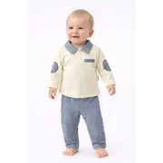 Set bebe baiat 2 piese crem cu guler tip camasa bluza maneca lunga pantaloni bumbac trpb0190