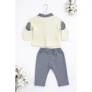 Set bebe baiat 2 piese crem cu guler tip camasa bluza maneca lunga pantaloni bumbac trpb0190