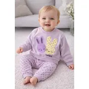 Set bebe fetita 2 piese lila cu iepurasi bluza maneca lunga pantaloni bumbac trpb0188
