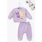 Set bebe fetita 2 piese lila cu iepurasi bluza maneca lunga pantaloni bumbac trpb0188