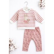 Set bebe fetita 2 piese roz cu iepuras bluza maneca lunga pantaloni bumbac trpb0184
