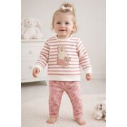 Set bebe fetita 2 piese roz cu iepuras bluza maneca lunga pantaloni bumbac trpb0184
