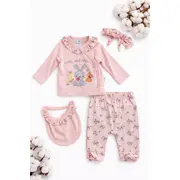 Set bebe fetita 4 piese roz bumbac bluza pantalonasi bavetica bentita imprimeu iepuras trpb0189