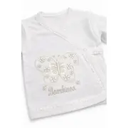 Set nou nascut 5 piese alb bumbac cu fluture bluza pantaloni caciulita bavetica trpb0194