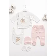 Set nou nascut fetita 5 piese roz alb bumbac cu coroana bluza pantaloni cadou trpb0196