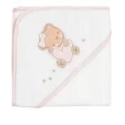 Prosop cu gluga pentru bebelusi, 100% bumbac, 90x90 cm, Alb-Roz