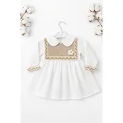 Rochita bebe fetita alba eleganta cu guler clasic dantela si design vintage premium trpb0214
