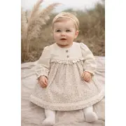 Rochita bebe fetita eleganta crem cu imprimeu floral dantela si design vintage premium trpb0215