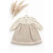 Rochita bebe fetita eleganta crem cu imprimeu floral dantela si design vintage premium trpb0215