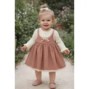 Rochita bebe fetita eleganta cu maneci lungi dantela si design vintage caramiziu trpb0213